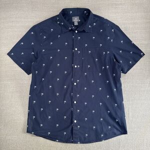 H&M Men’s Navy Blue Hawaiian Shirt Palm Tree Print Button Up Short Sleeve Size M